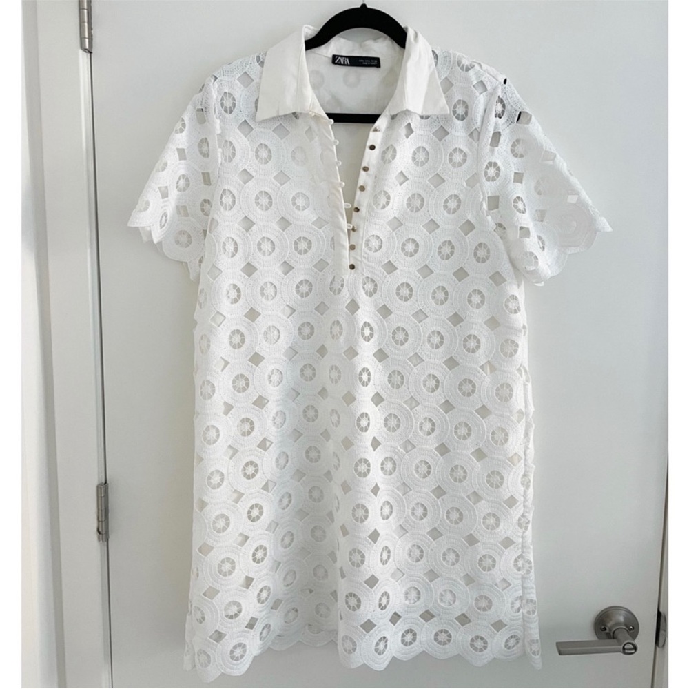 Zara White Eyelet Collared Shift Dress size medium - Picture 3 of 6